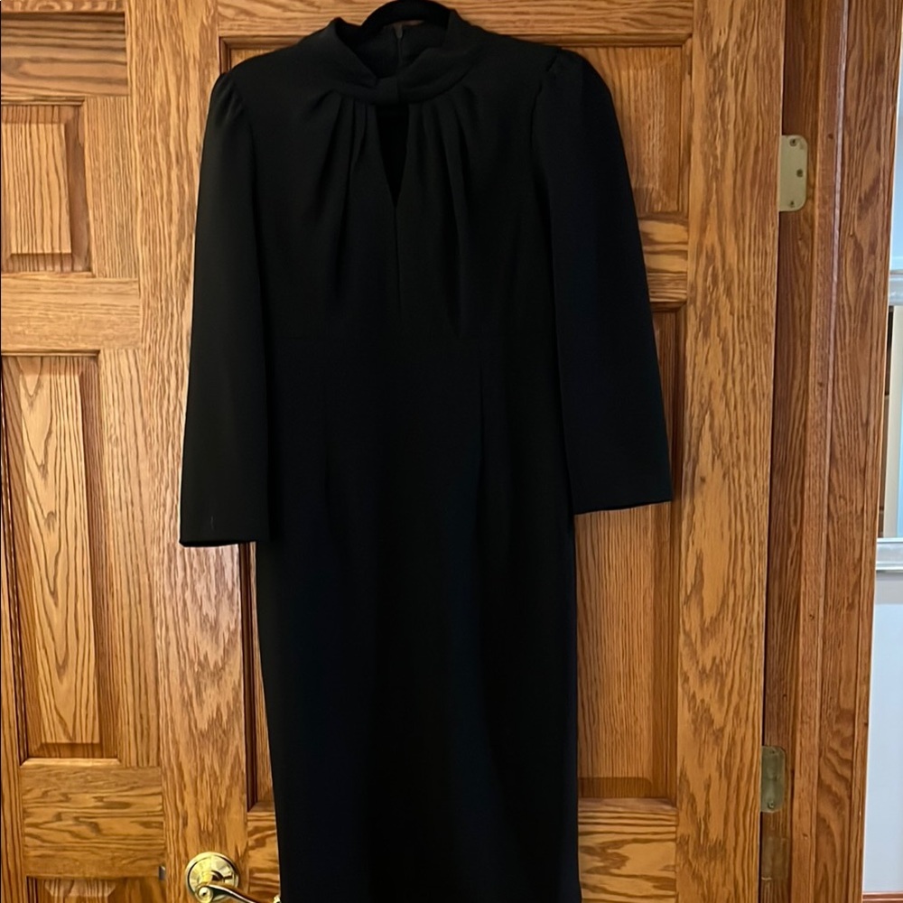 Calvin Klein Black Mock Neck Sheath Dress with Long Bishop Sleeves